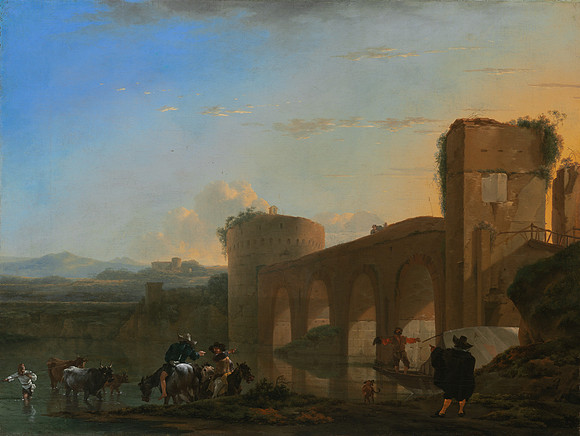 _The_Tiber_River_with_the_Ponte_Molle_at_Sunset__by_Jan_Asselijn,_c._1650